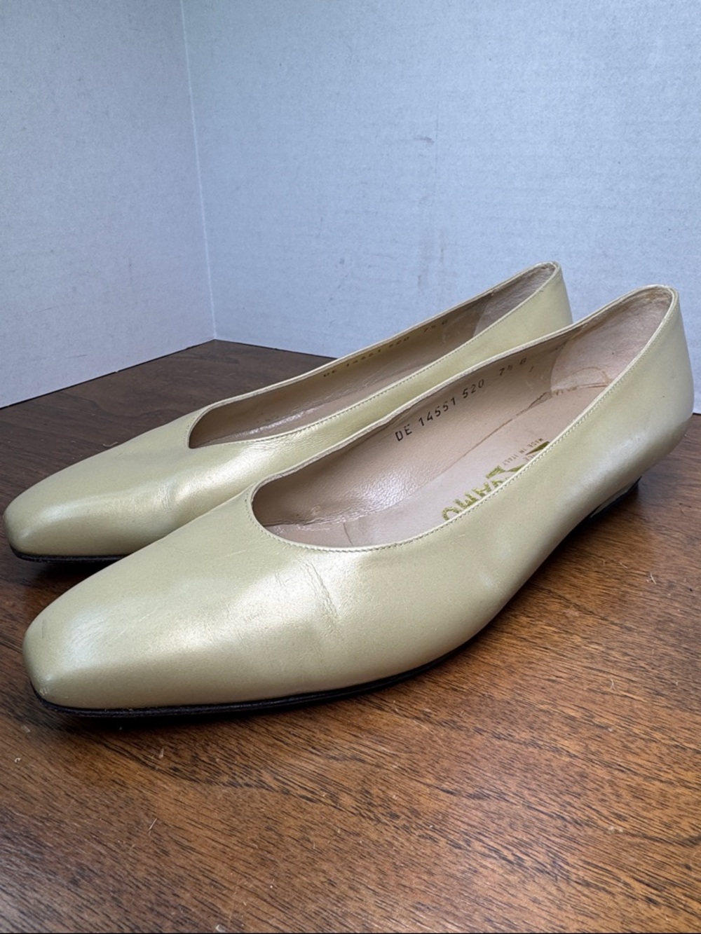 Vintage Salvatore Ferragamo Metallic Gold Yellow Leather Low Heels Box Toe, 7.5